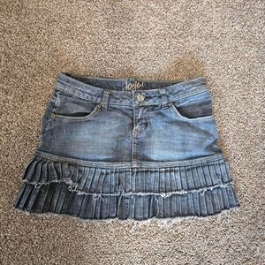 Y2K 2000s Flare Pleated DREAM Distressed Ruffle Flare Denim Jean Mini Skirt